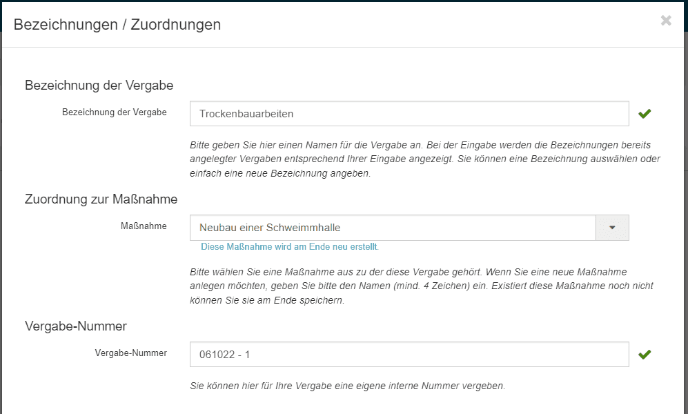 Bild 4: ausgefüllter Schritt 1: Bezeichnungen / Zuordnungen