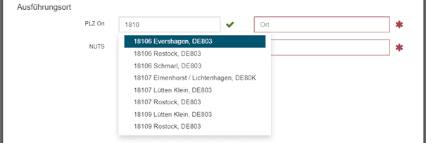 Bild 14: Schritt 6: Weitere Angaben zur Vergabe - Ausführungsort: Liste der möglichen NUTS Codes