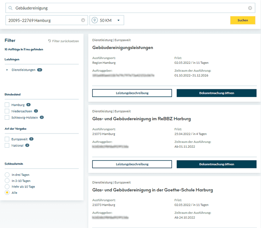 So könnte ein Suchergebniss für die Filteroptionen: Gebäudereinigung in Hamburg und Umgebung bis 50 km Entfernung aussehen.)