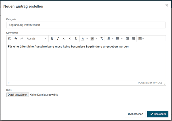 Bild 3: Fenster zur Anlage eines neuen Eintrags in der Liste der Dokumente