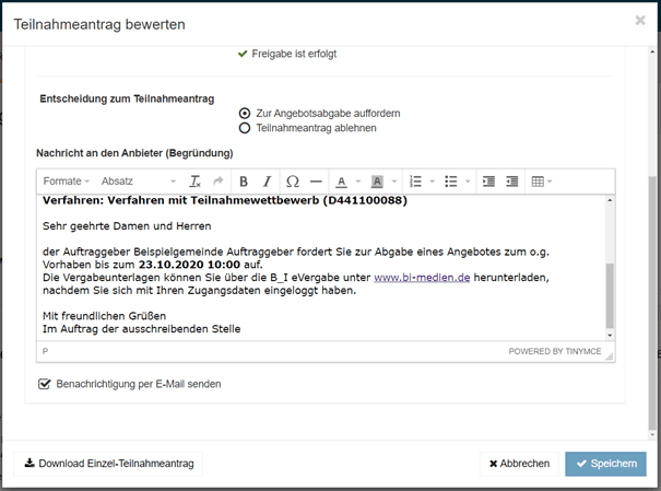 Bild 12: Standard-Text für die Zusage