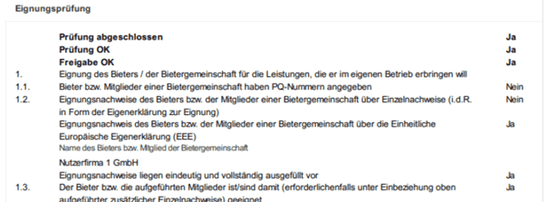 Bild 11: Auszug aus dem Protokoll der Bewertung der Eignung