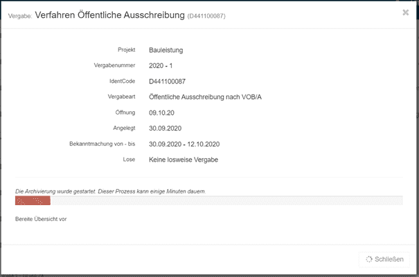 Bild 1: Archivierung von Vergabeverfahren - während der Archivierung