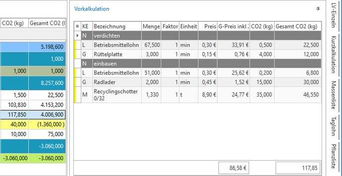 In der Vorkalkulation  erscheinen die Emissionsdaten aufsummiert pro EKT ( Einzelkosten der Teilleistungen). | Foto: mexxsoft