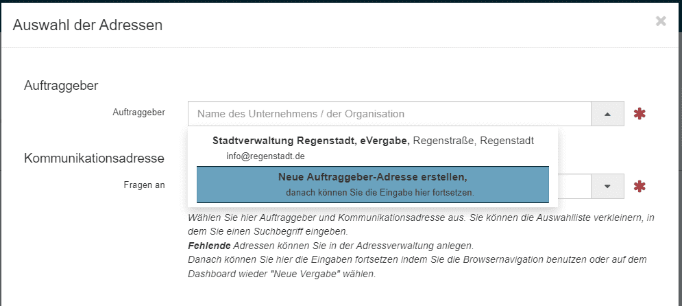 Bild 5: Schritt 2: Auswahl der Adressen - Neue Auftraggeber-Adresse erstellen