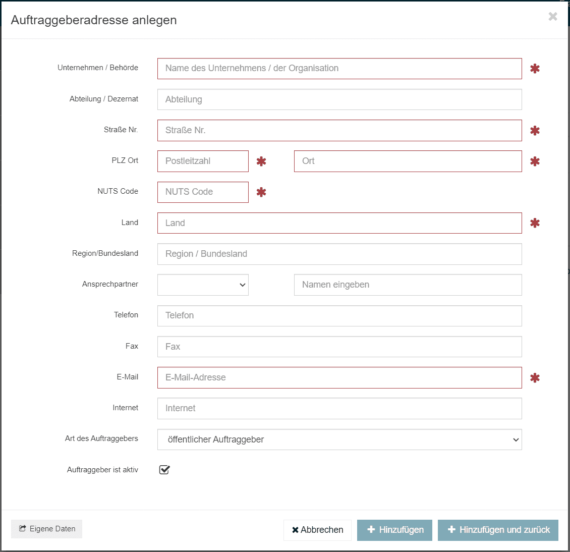 Bild 2: Adress-Eingabe-Maske, hier: Auftraggeberadresse