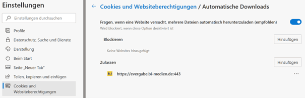 Bild 4: Einstellmöglichkeit: Automatische Downloads, hier: Microsoft Edge