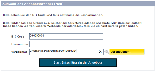 Bild 2: Angaben zur Auswahl der zu entschlüsselnden Daten, hier: Vergabeverfahren ohne Lose