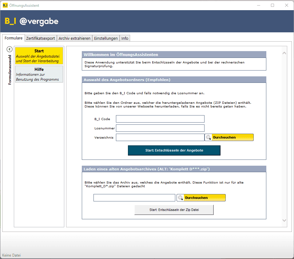 Bild 1: Startseite B_I öffnungsassistenten - Register Formulare