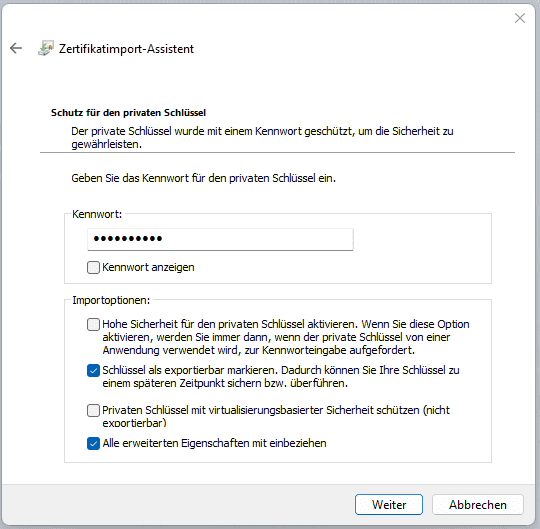 Bild 6: Seite 3 des Zertifikatsimport-Assistenten mit den empfohlenen Einstellungen
