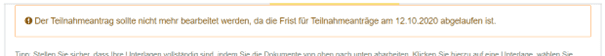 Bild 2: Hinweis im Menüpunkt "Teilnahmeantrag"