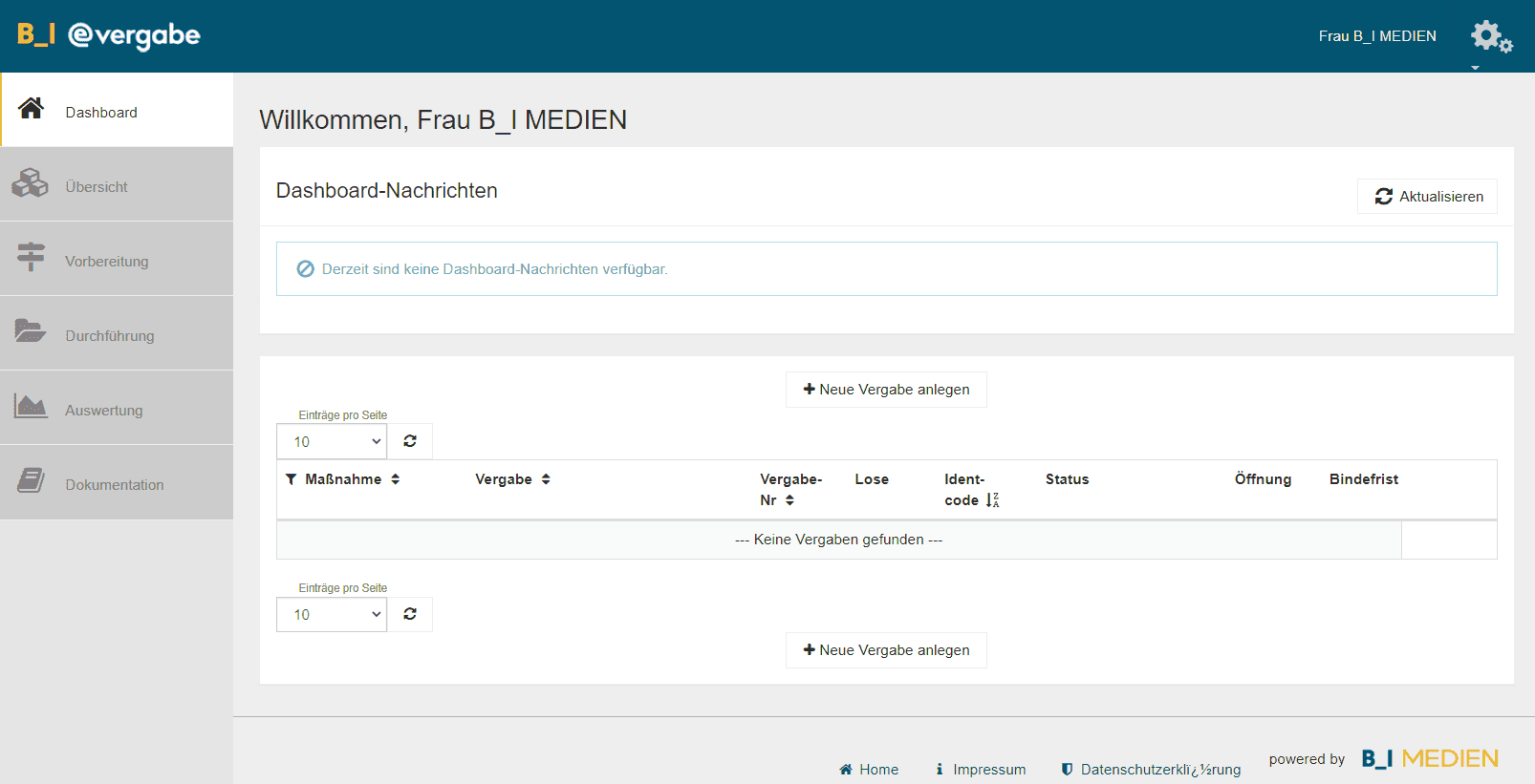 Bild 1: Dashboard der B_I eVergabe