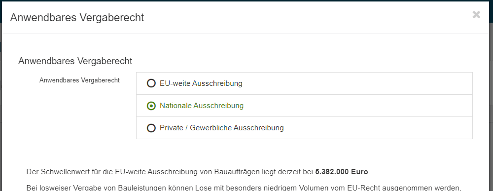 Bild 8: Schritt 4: Anwendbares Vergaberecht - Nationales Ausschreibung ausgewählt