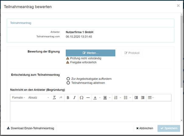 Bild 7: Fenster "Teilnahmeantrag bewerten"
