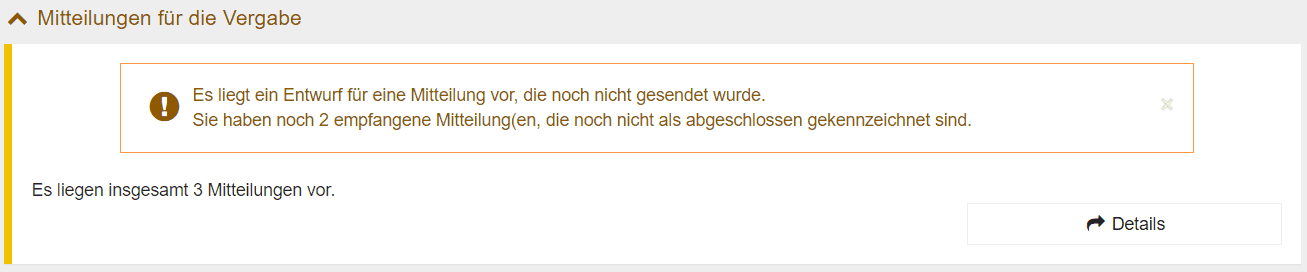 Bild 3: Mitteilungen für die Vergabe auf der Übersicht des Vergabeverfahrens