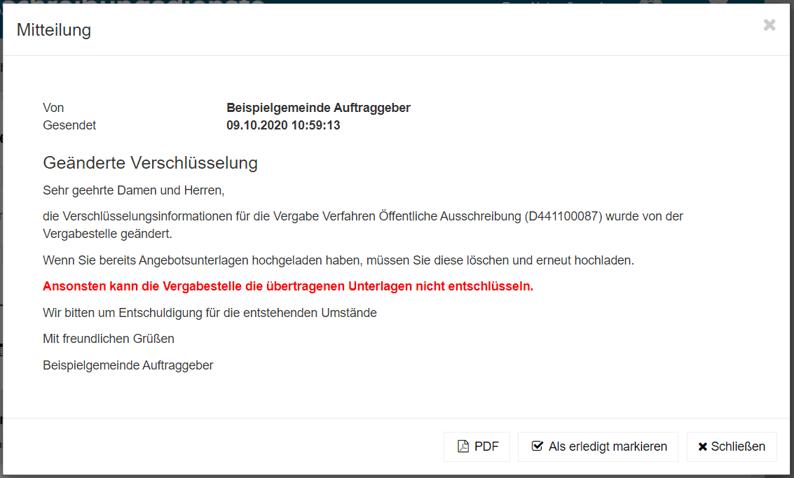 Bild 8: Mitteilung an die Teilnehmer über ein neues Zertifikat
