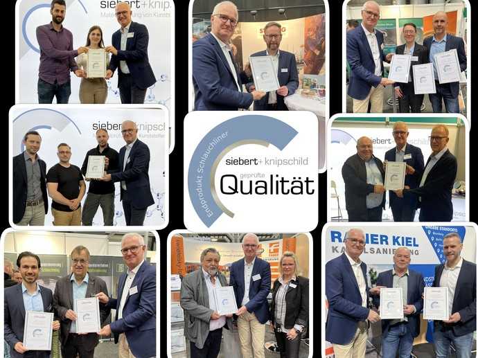 Überreichung der Siebert-Siegel, hier an die Firmen Erles, Strabag, Werner Vollert, Berndt Rohr- und Kanalservice, Kan.d.i.s., Rohrsanierung Jensen, Swietelsky-Faber und Rainer Kiel | Foto: Siebert+Knipschild