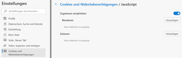 Bild 5: Einstellmöglichkeit: JavaScript, hier: Microsoft Edge