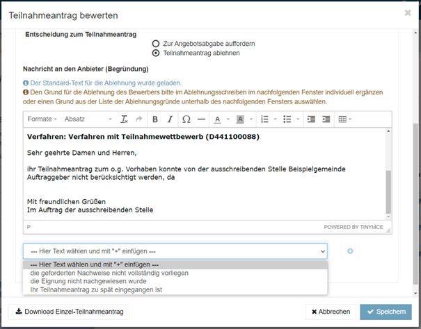 Bild 13: Standard-Text für die Absage