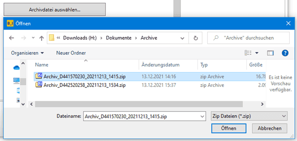 Bild 2: Auswahl Archivdatei zum Extrahieren der eTeilnahmeanträge bzw. eAngebote