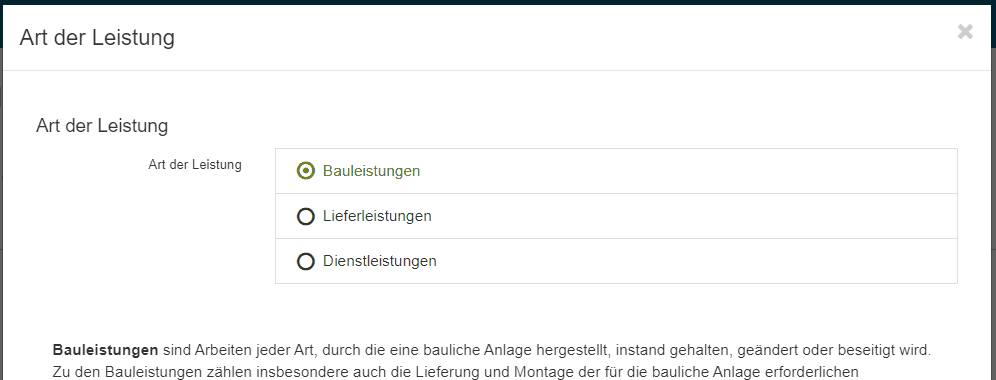 Bild 7: Schritt 3: Art der Leistung - Bauleistung gewählt