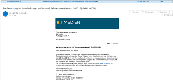 Bild 14: E-Mail zur Benachrichtigung des Anbieters, hier angepasste Zusage