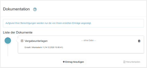 Bild 6: Ansicht der Liste der Dokumente bei eingeschränkten Rechten, hier Recht: "Eigene Einträge bearbeiten"