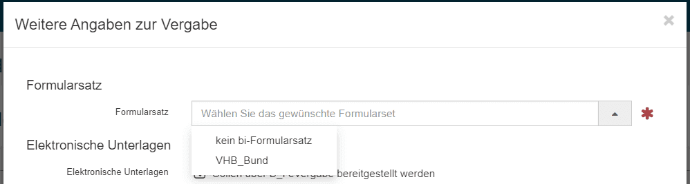 Bild 10: Schritt 6: Weitere Angaben zur Vergabe - Formularsatzauswahl