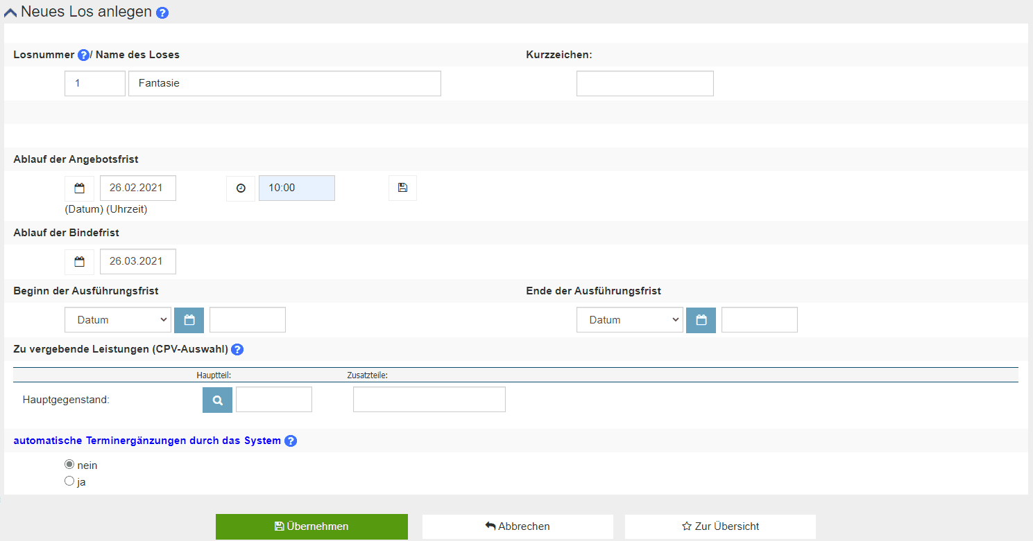 Bild 2: Erstes Los anlegen, hier: gefüllt mit Fantasie-Angaben