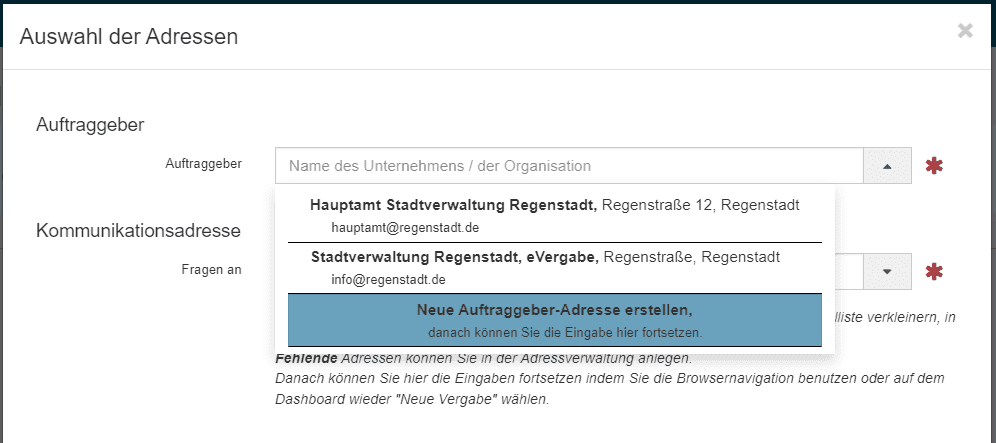 Bild 6: Schritt 2: Auswahl der Adressen - Neu erstellte Auftraggeber-Adresse verwenden