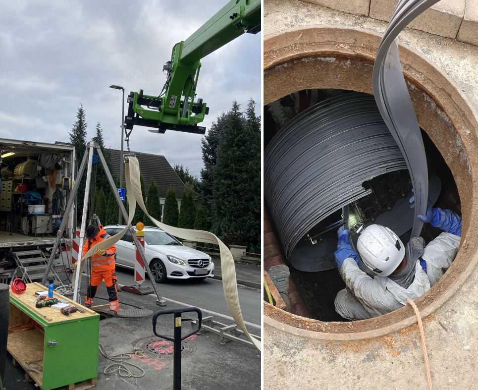 Das Wickelrohrverfahren erfordert keinerlei Tiefbauarbeiten. Die Materialzufuhr erfolgt über die vorhandenen Schachtöffnungen. Fotos: Geiger Unternehmensgruppe; Swietelsky-Faber Kanalsanierung