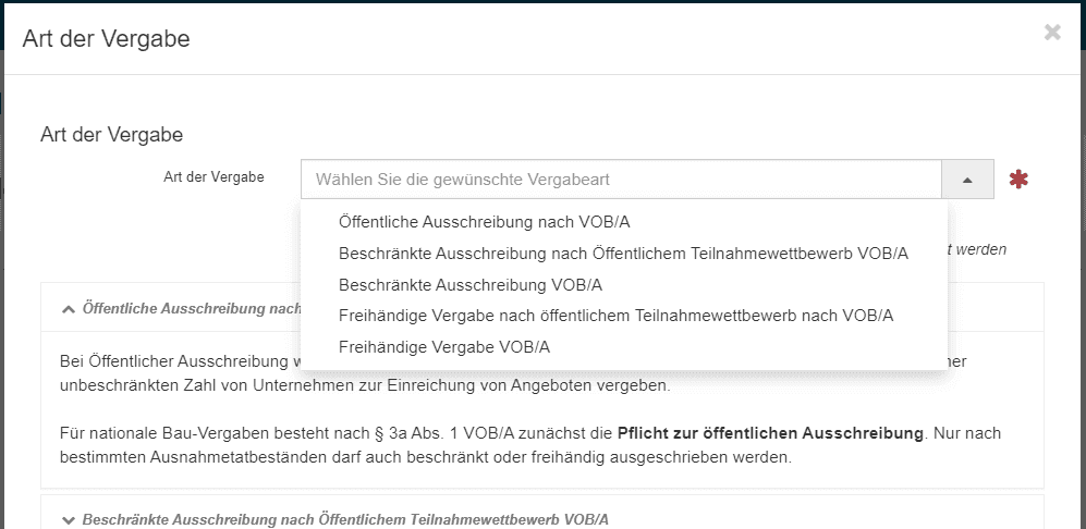 Bild 9: Schritt 5: Art der Vergabe - Liste der möglichen Vergabeverfahren bei nationalen Bauleistungen